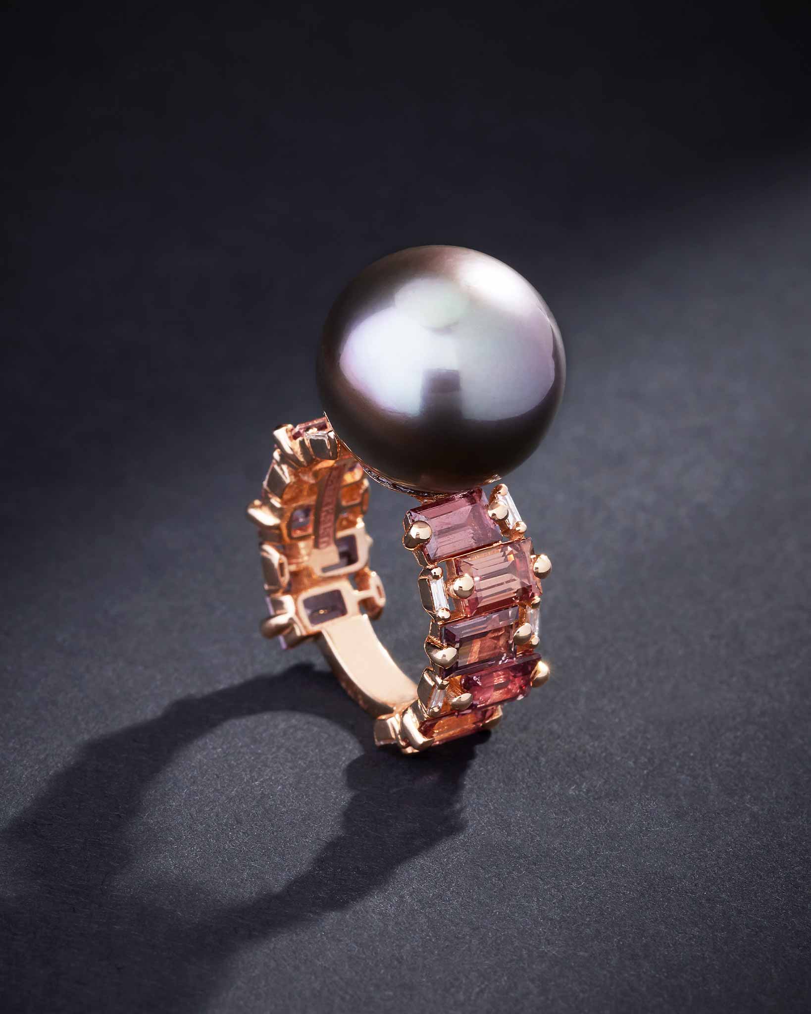 Suzanne Kalan One of a Kind Tahitian Pearl Ring with Neutral Sapphires & Baguette Diamonds in 18k rose gold