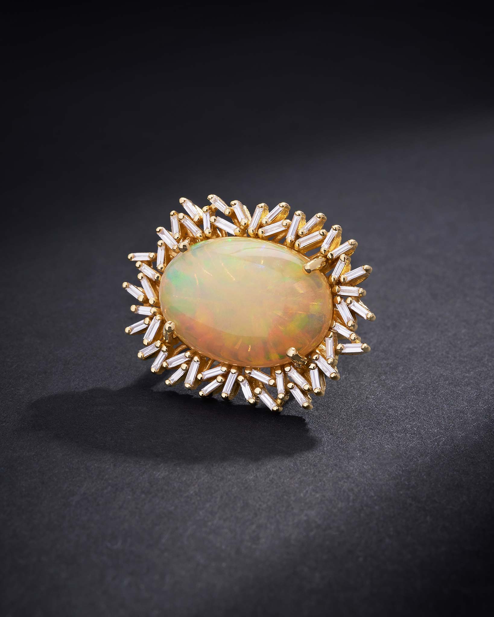 Suzanne Kalan One of a Kind Oval Shaped African Opal Sunburst Ring in 18k yellow gold