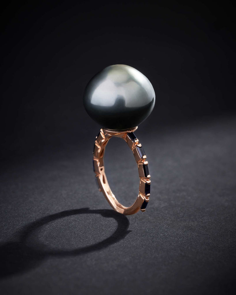 Suzanne Kalan One of a Kind Tahitian Pearl Ring with Black Sapphires in 18k rose gold