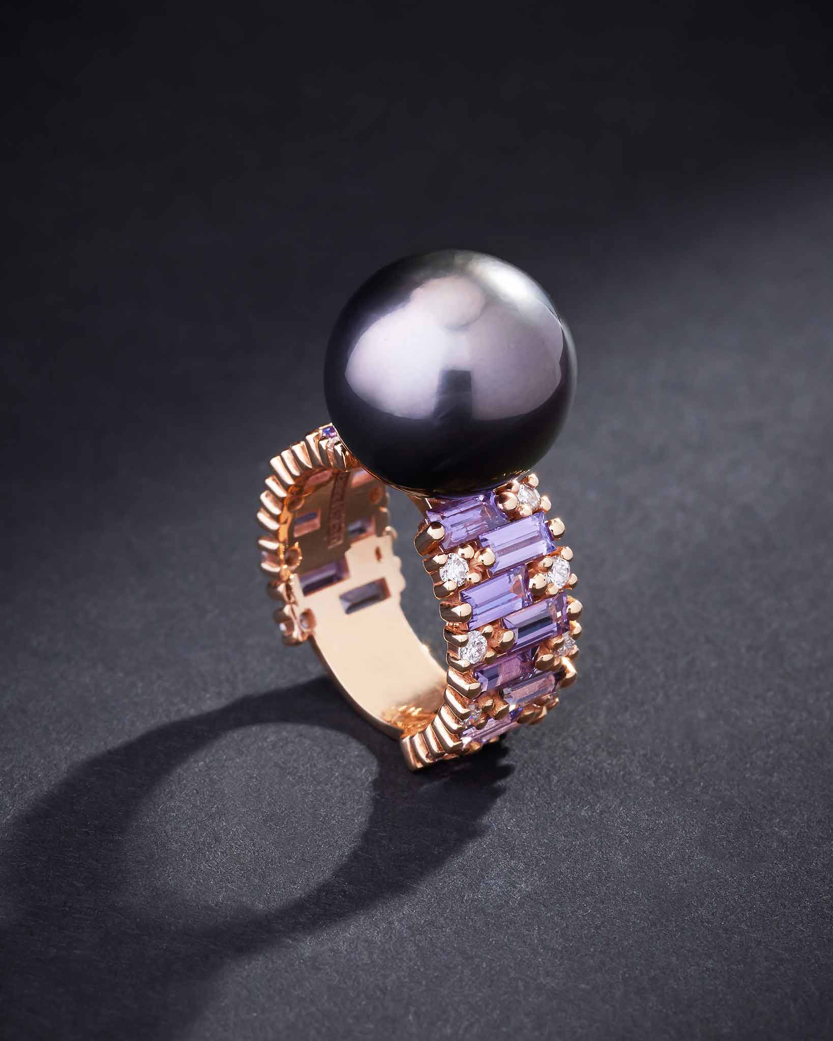 Suzanne Kalan One of a Kind Tahitian Pearl Ring with Purple Sapphires & Round Diamonds in 18k rose gold