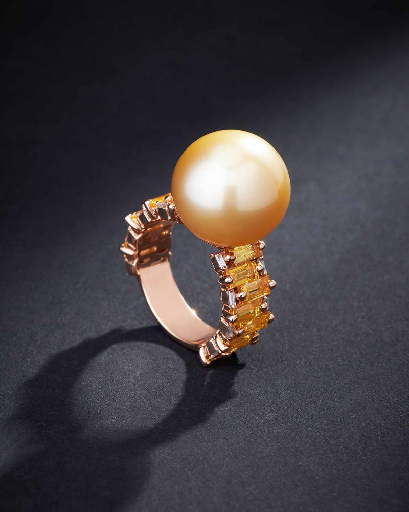 Suzanne Kalan One of a Kind South Sea Golden Pearl Ring with Yellow Sapphires in 18k rose gold