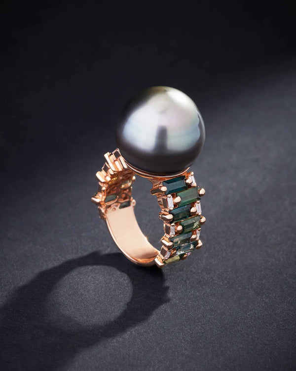 Suzanne Kalan One of a Kind Tahitian Pearl Ring with Green Sapphires & Baguette Diamonds in 18k rose gold