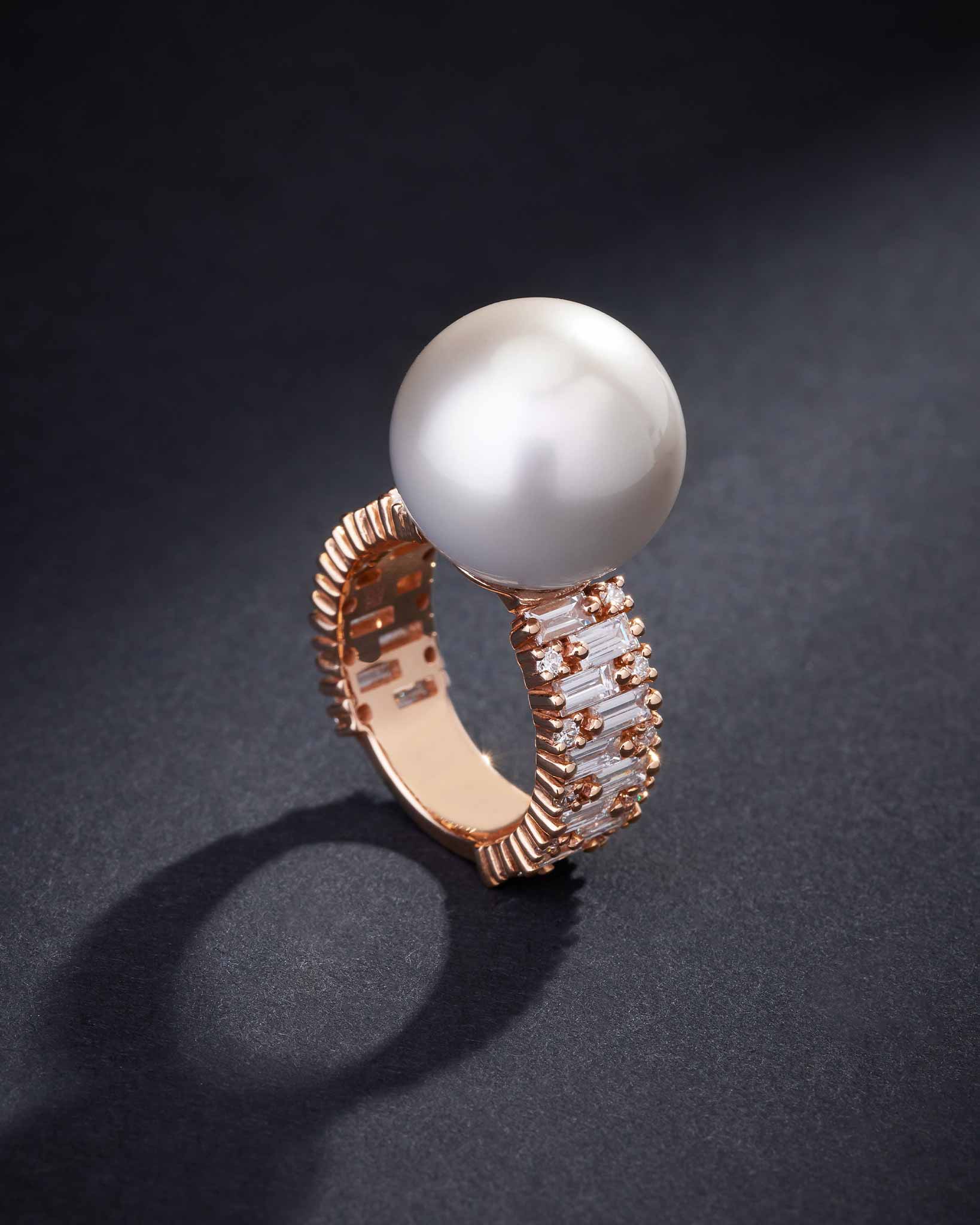 Suzanne Kalan One of a Kind Tahitian Pearl Ring with Baguette & Round Diamonds in 18k gold