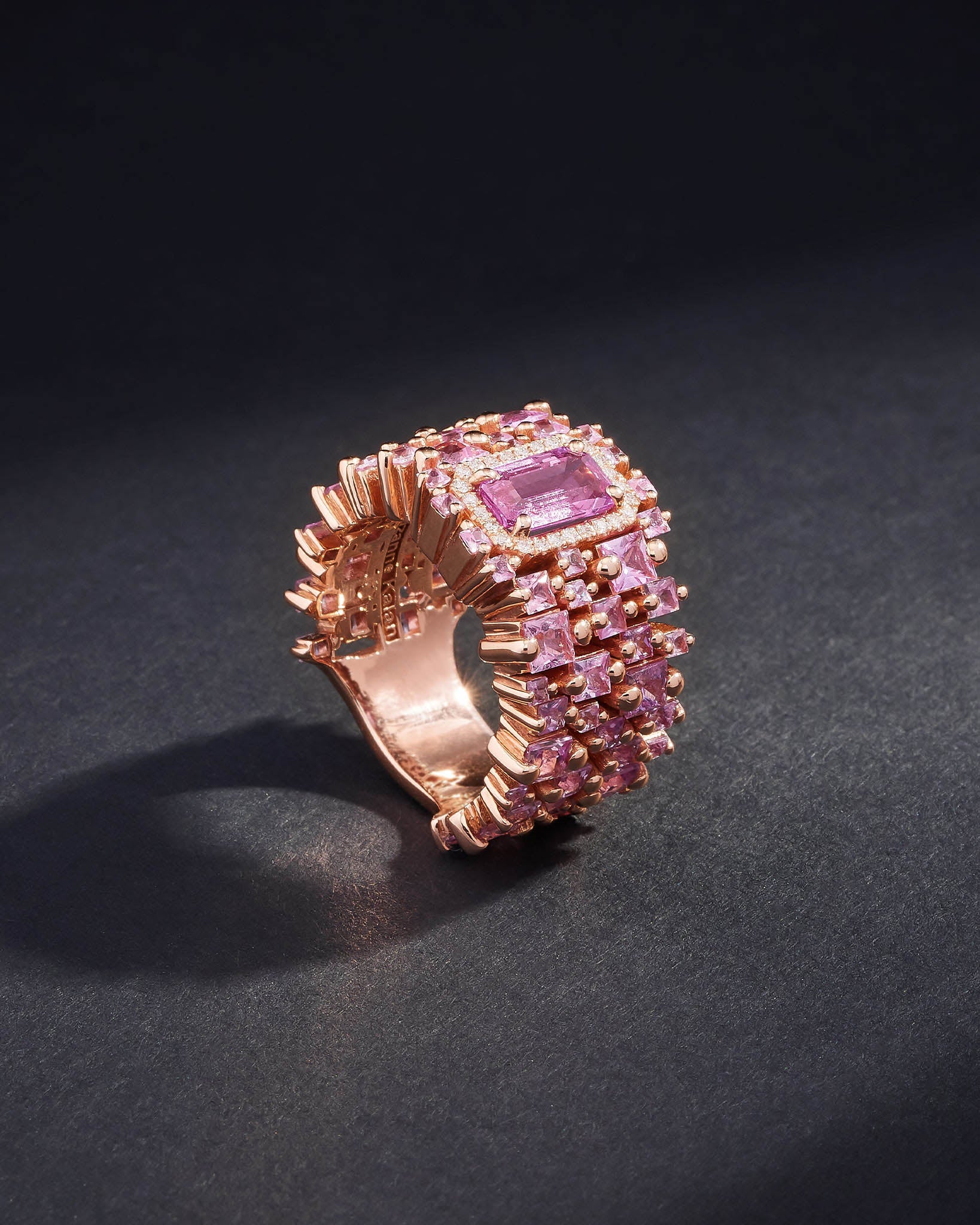 Suzanne Kalan One of a Kind Emerald Cut Pink Sapphire Cigar Band Ring in 18k rose gold
