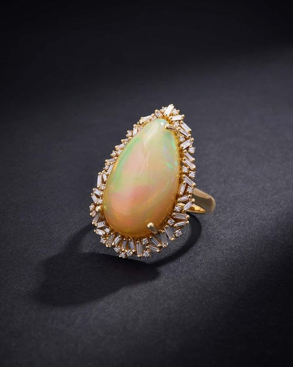 Suzanne Kalan One of a Kind Pear Shaped African Opal Sunburst Ring in 18k yellow gold