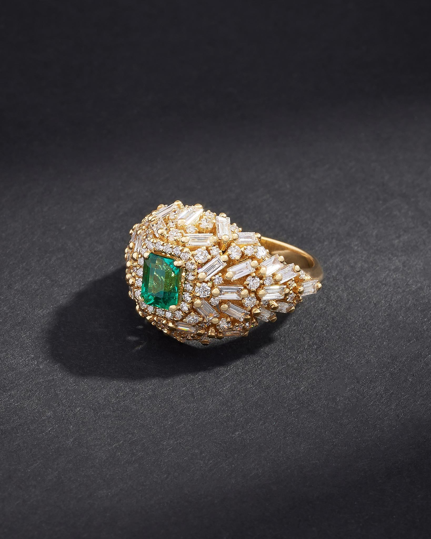 Suzanne Kalan One of a Kind Cushion Cut Emerald Lion's Mane Ring in 18k yellow gold