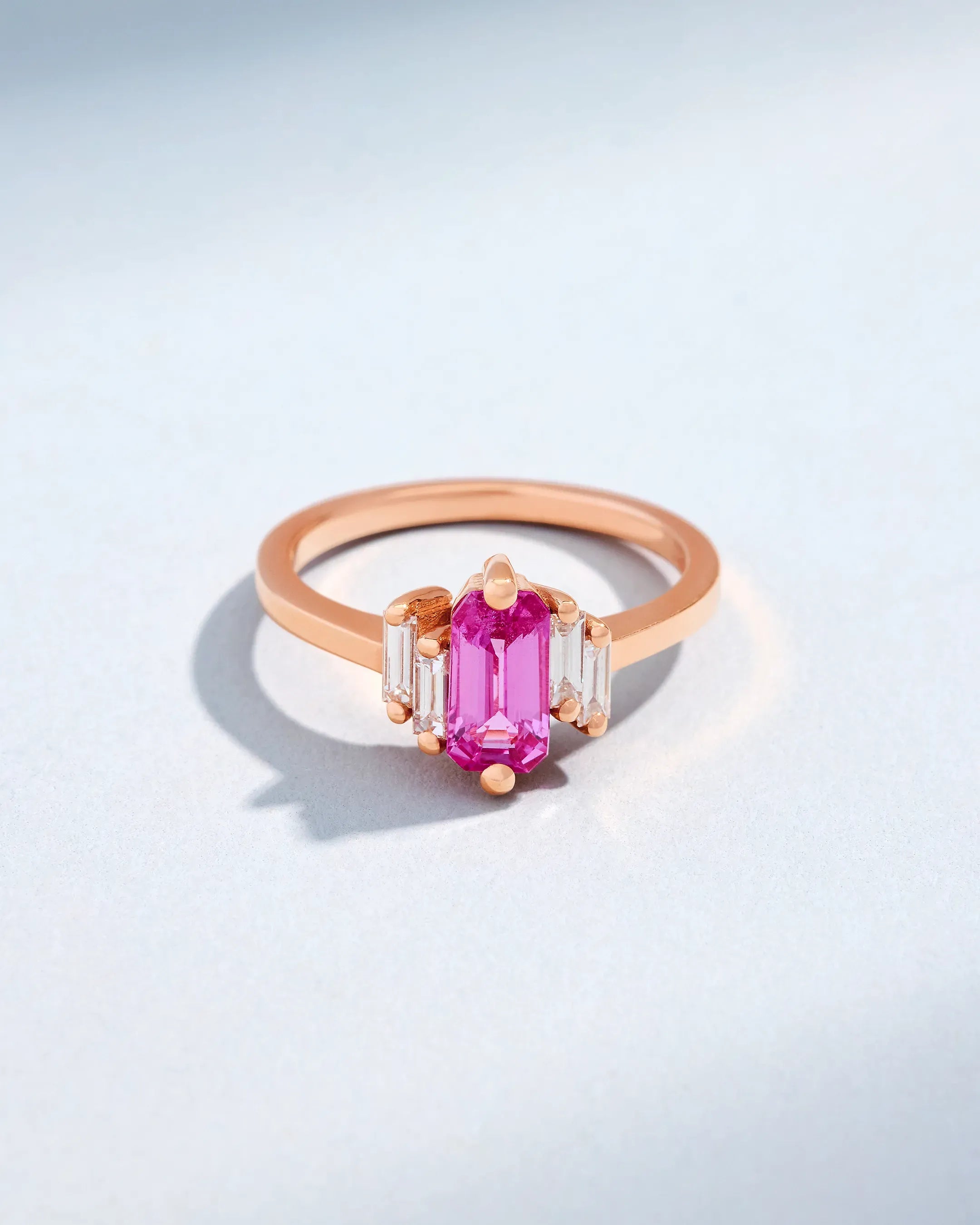 Suzanne Kalan One of a Kind Emerald Cut Pink Sapphire Ring in 18k rose gold