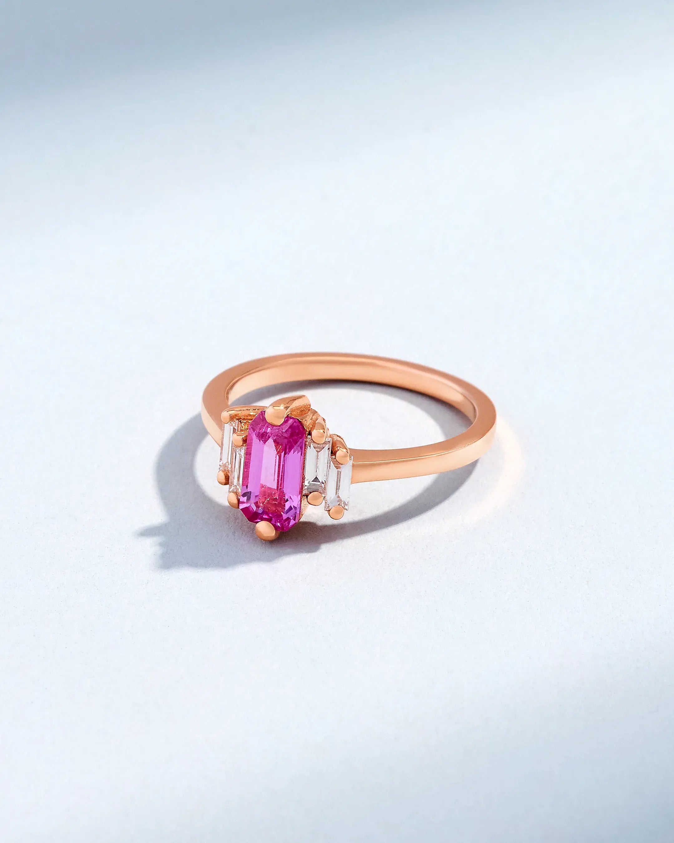 Suzanne Kalan One of a Kind Emerald Cut Pink Sapphire Ring in 18k rose gold