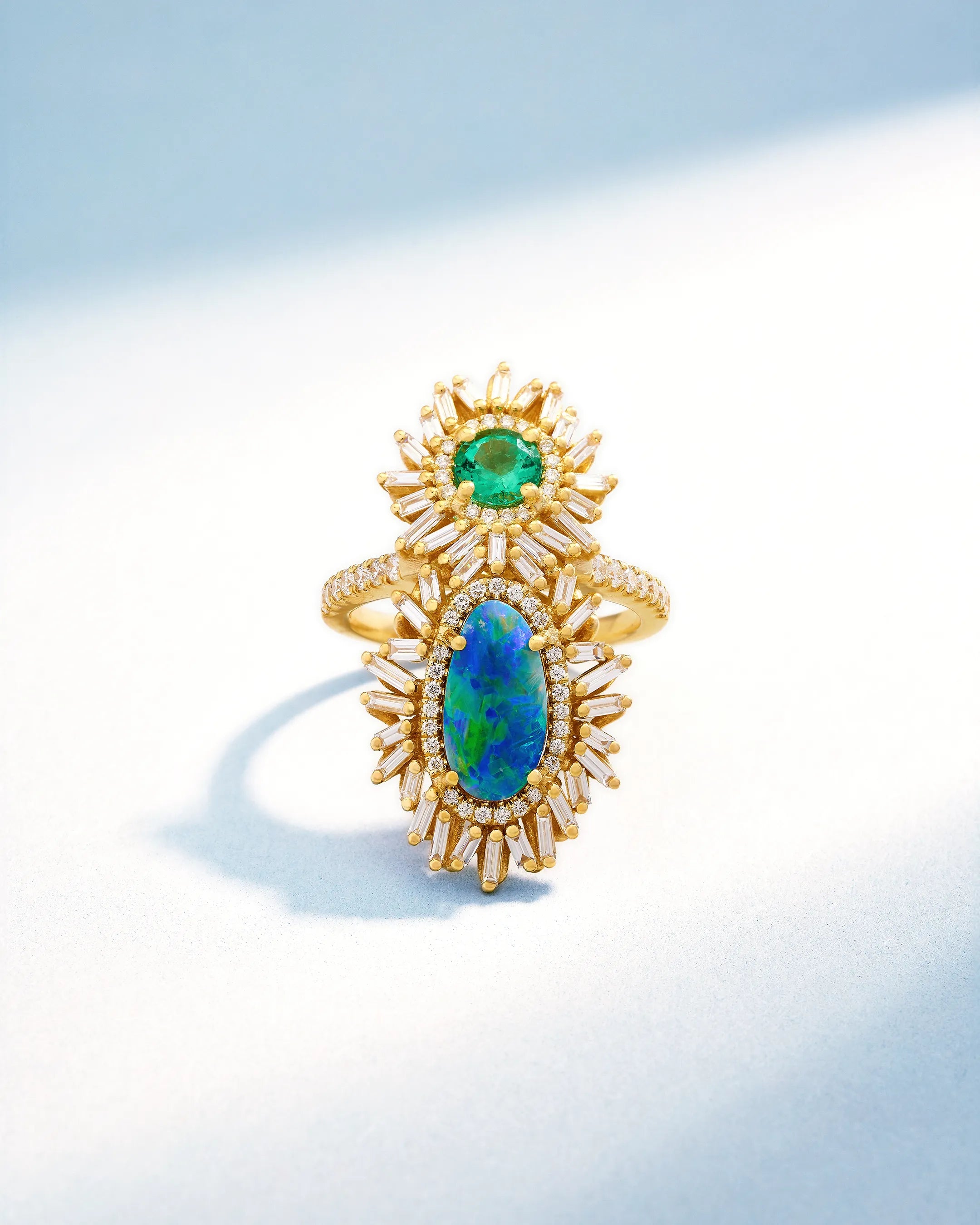 Suzanne Kalan One of a Kind Round Emerald & Oval Shape Opal Doublet Tear Drop Ring in 18k yellow gold