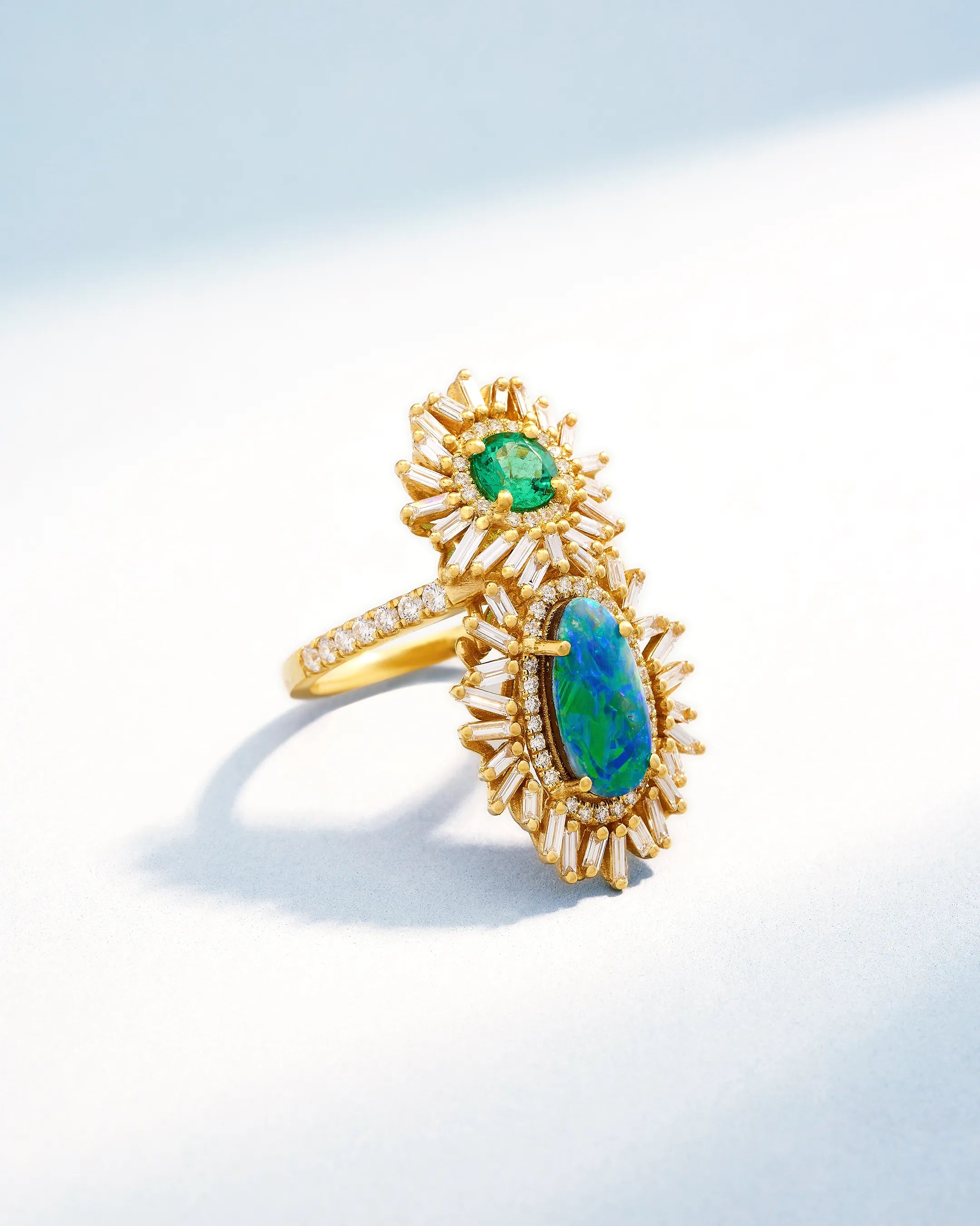 Suzanne Kalan One of a Kind Round Emerald & Oval Shape Opal Doublet Tear Drop Ring in 18k yellow gold
