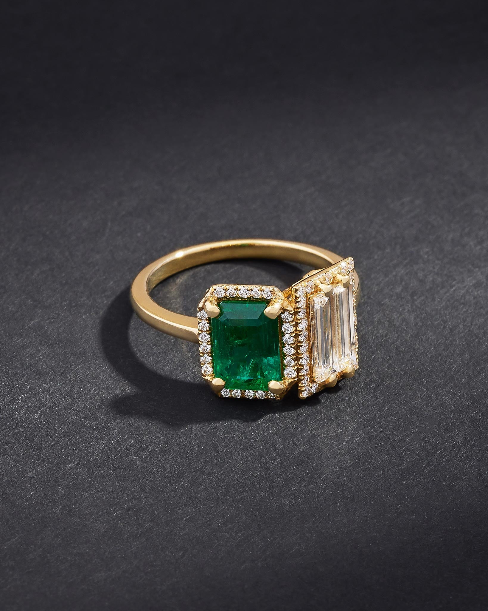 Suzanne Kalan One of a Kind Toi et Moi Emerald & Double Baguette Diamond Ring in 18k yellow gold