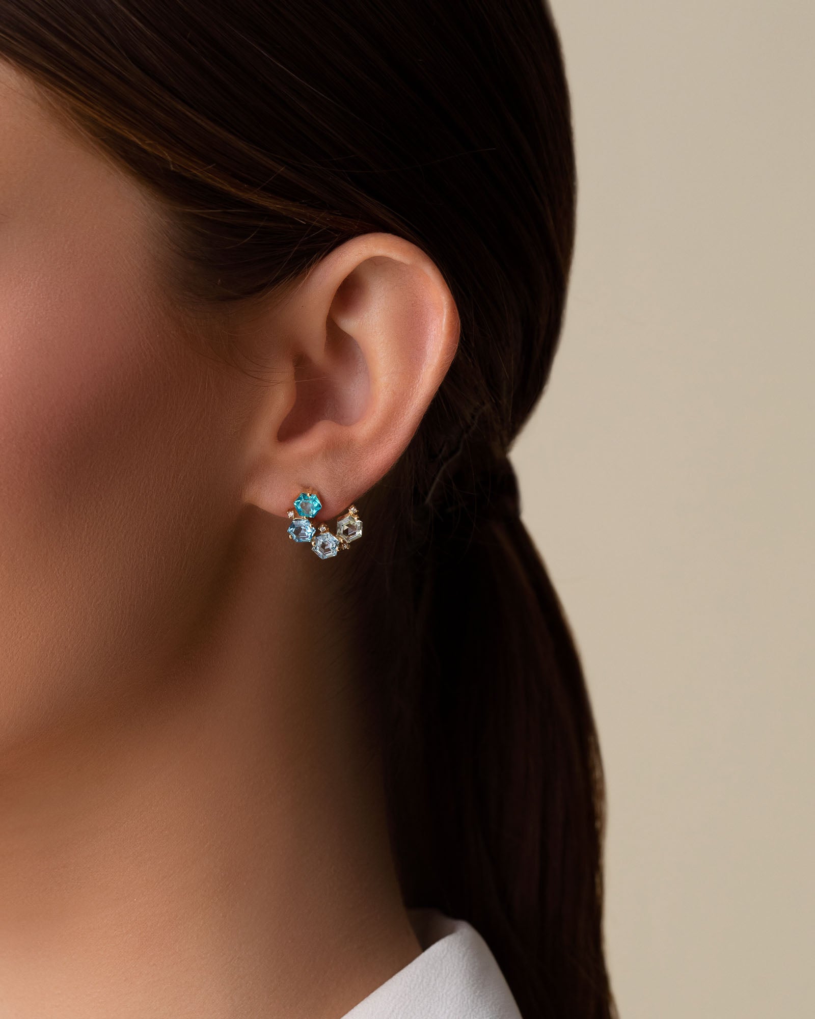 Kalan By Suzanne Kalan Amalfi Hexagon Cut Blue Mix Sideways Mini Hoops in 14k yellow gold