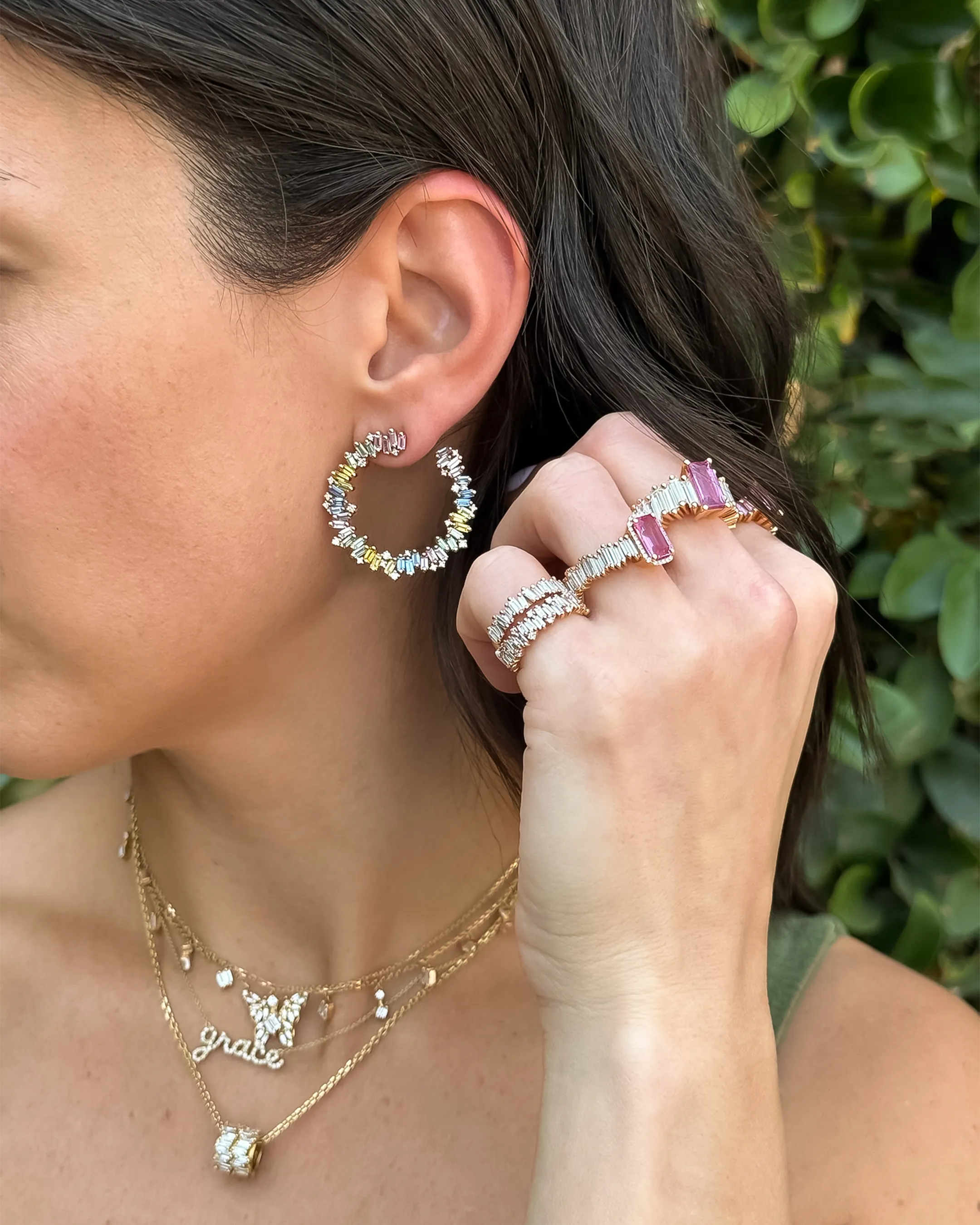 Suzanne Kalan Bold Burst Pastel Sapphire Sideways Midi Hoops in 18k rose gold