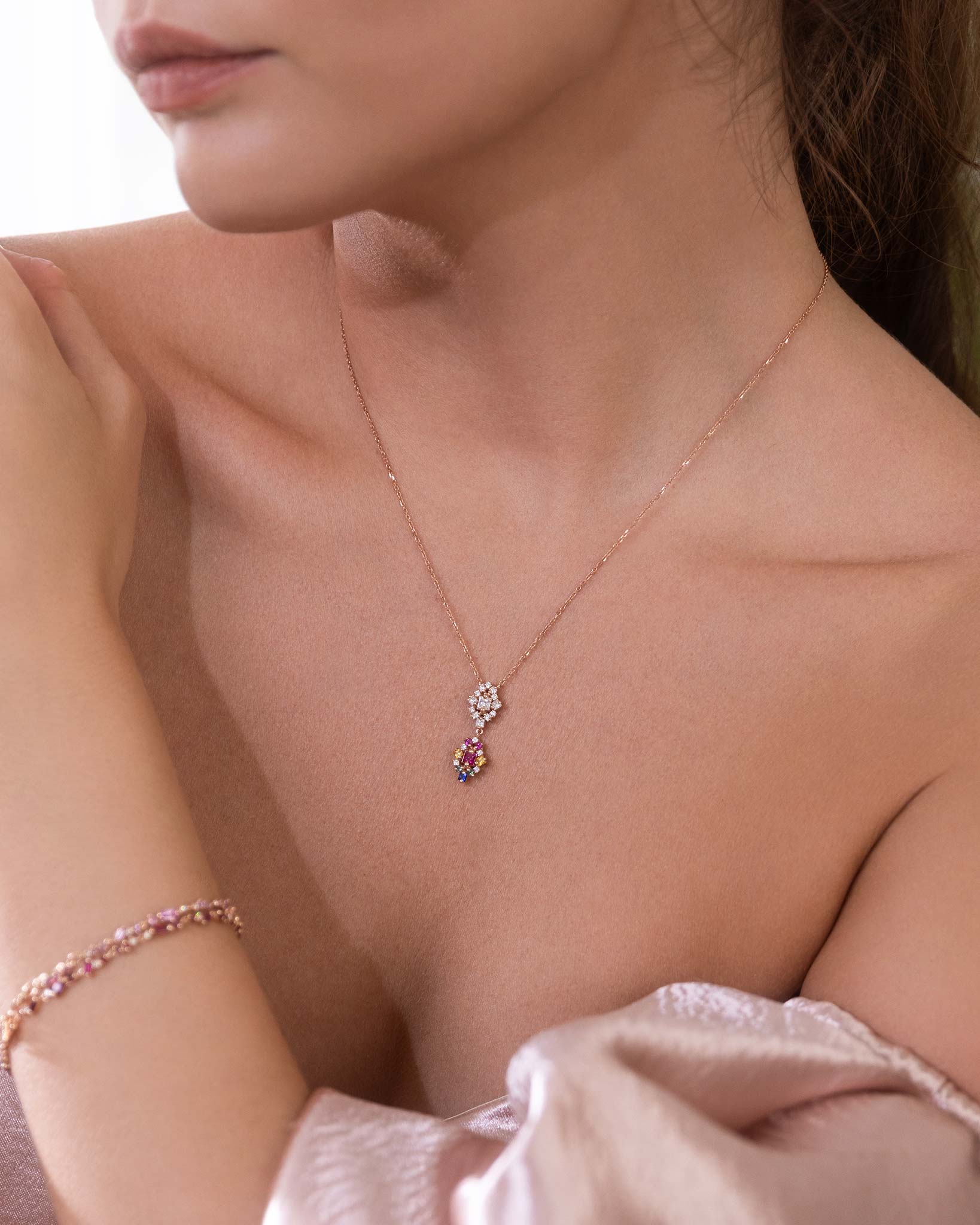 Suzanne Kalan La Fantaisie Double Star Diamond & Rainbow Sapphire Pendant in 18k rose gold