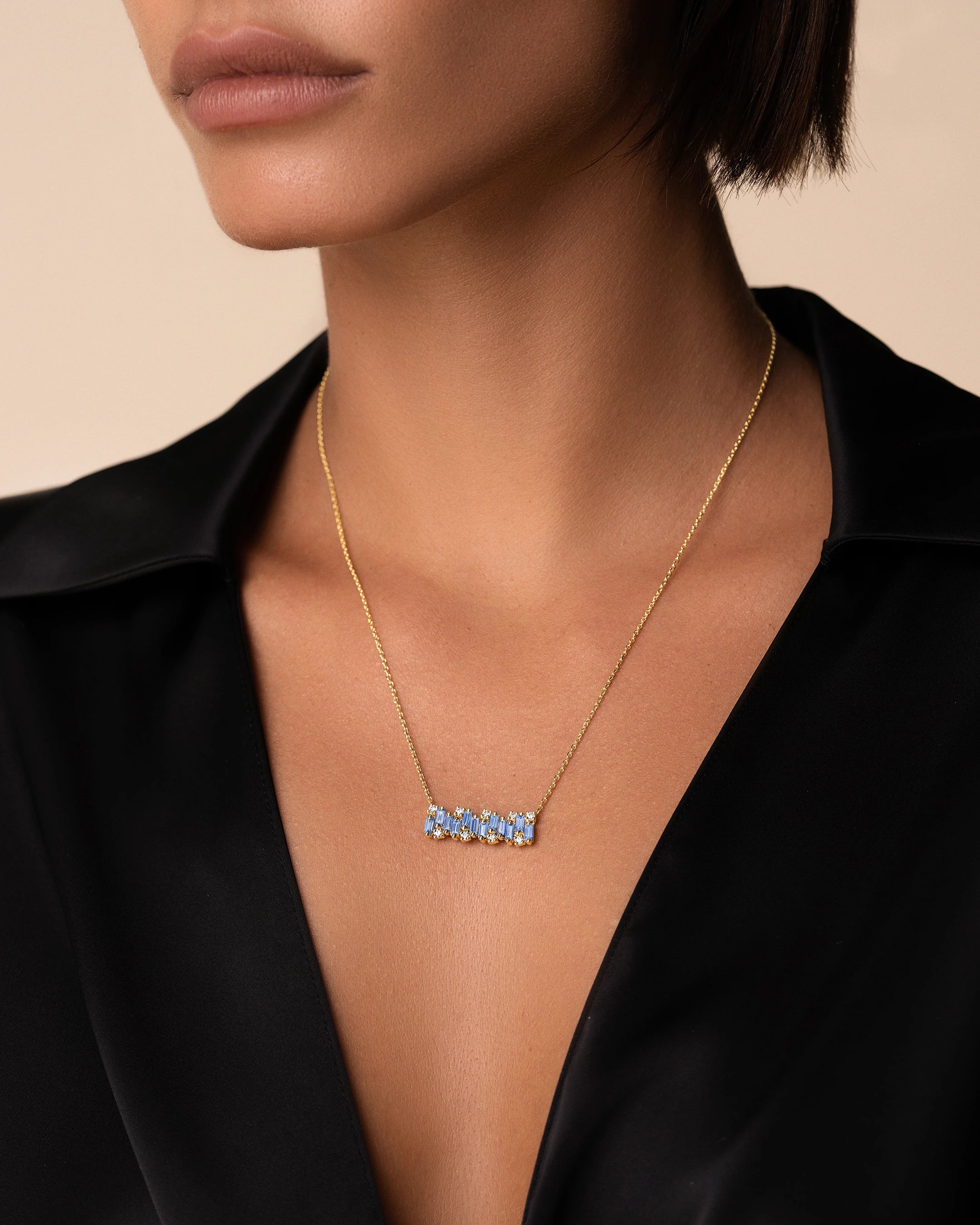 Suzanne Kalan Shimmer Light Blue Sapphire Bar Pendant in 18k yellow gold