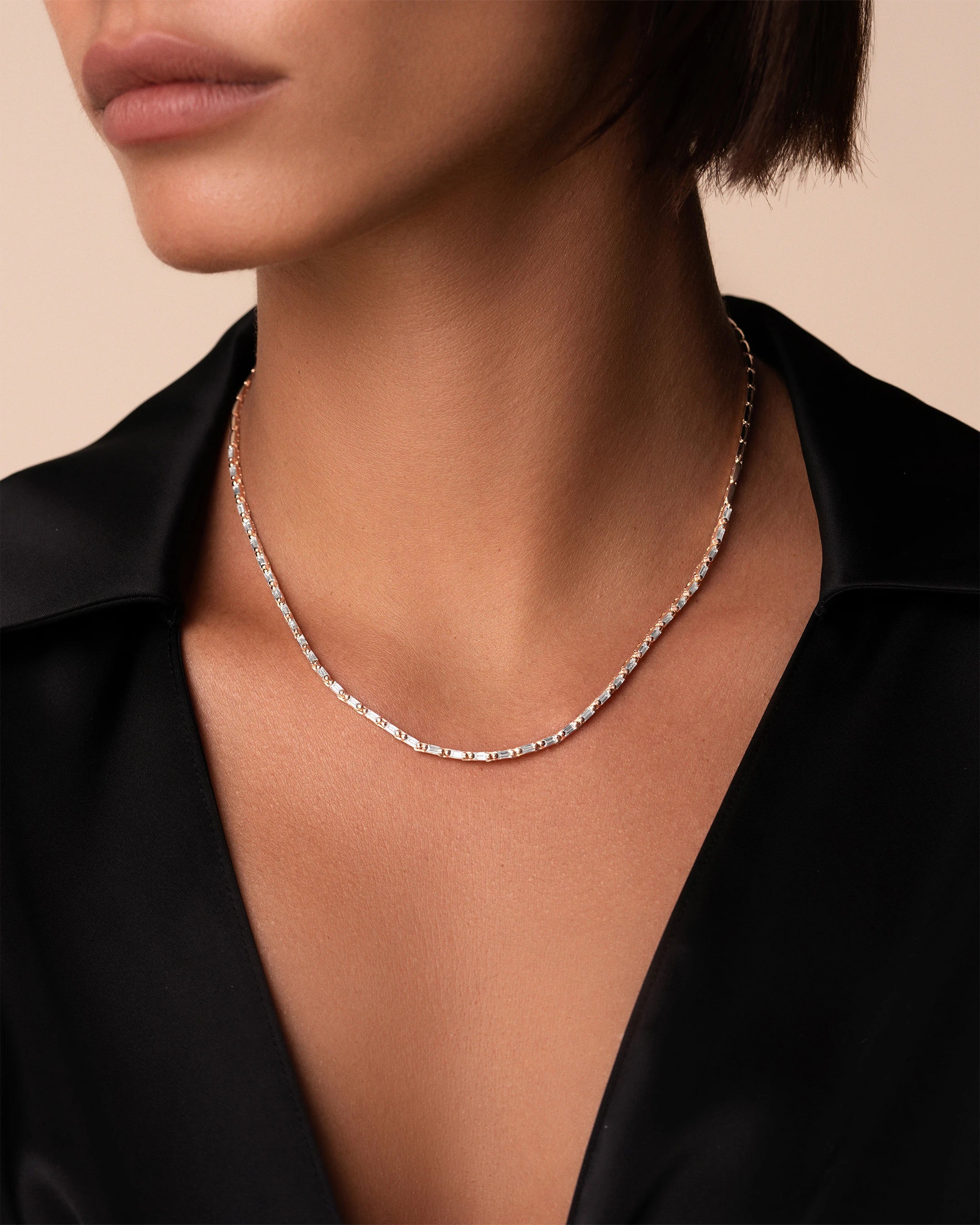Suzanne Kalan Linear Half Diamond Tennis Necklace in 18k rose gold