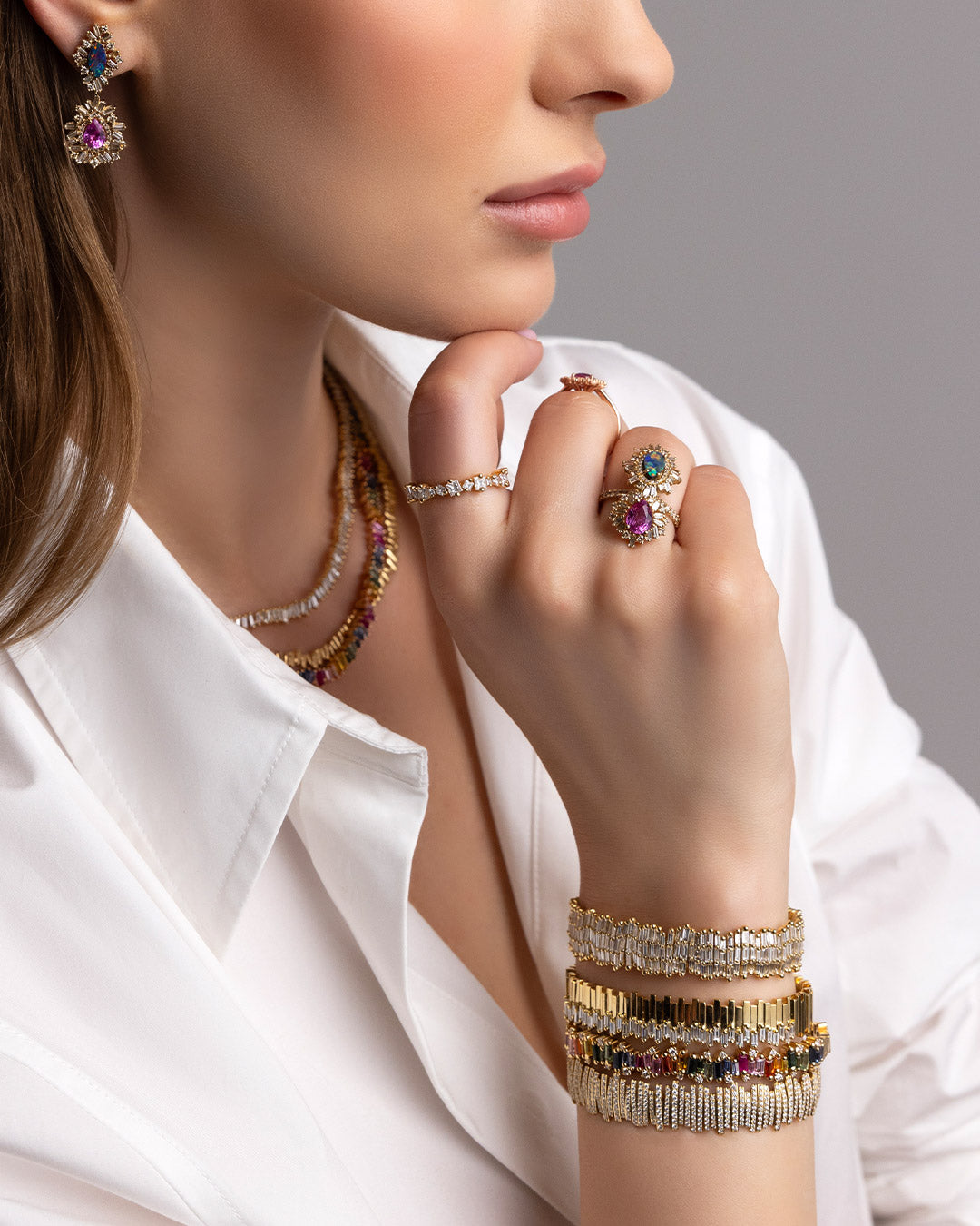 Suzanne Kalan One of a Kind Opal Doublet & Pink Sapphire Tear Drop Ring in 18k yellow gold