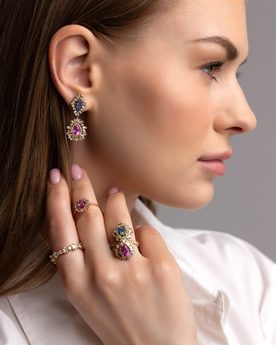 Suzanne Kalan One of a Kind Opal Doublet & Pink Sapphire Tear Drop Earrings in 18k yellow gold