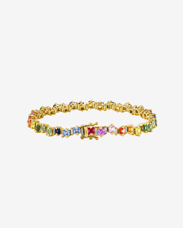 Suzanne Kalan Princess Staggered Rainbow Sapphire Tennis Bracelet in 18k yellow gold