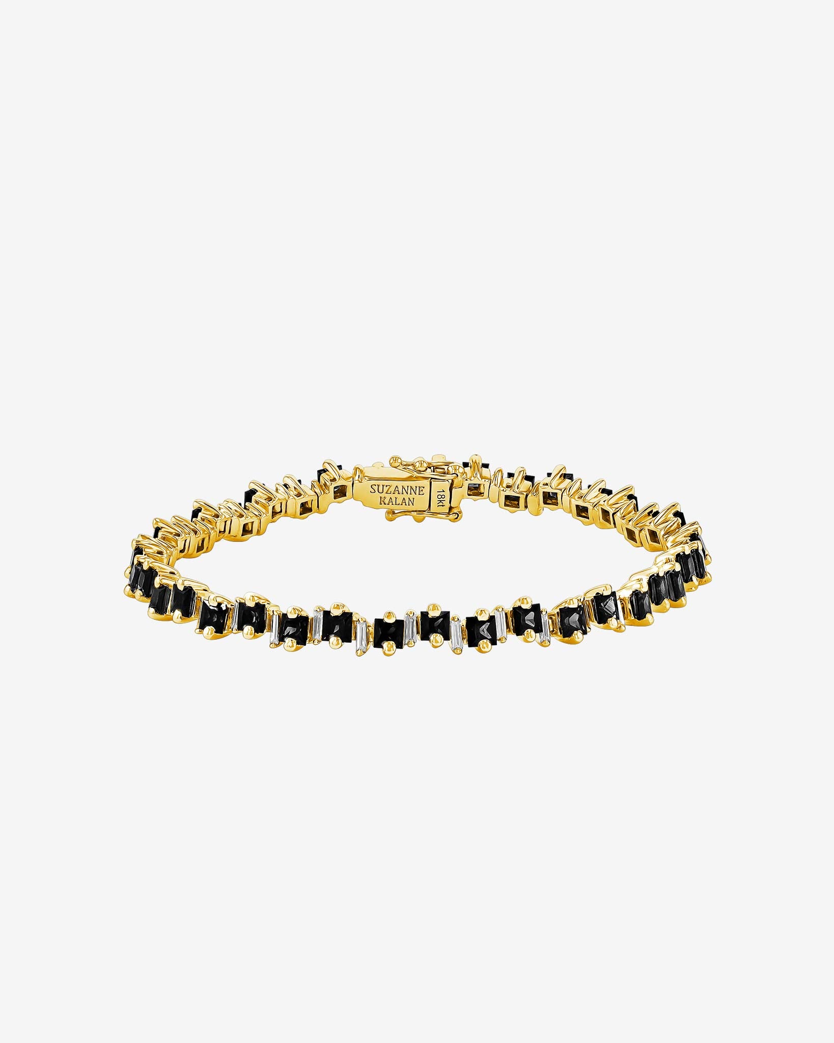 Suzanne Kalan Princess Staggered Black Sapphire Tennis Bracelet in 18k yellow gold