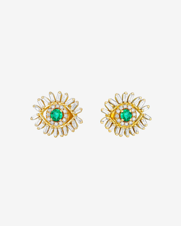 Suzanne Kalan Evil Eye Mini Emerald Studs in 18k yellow gold