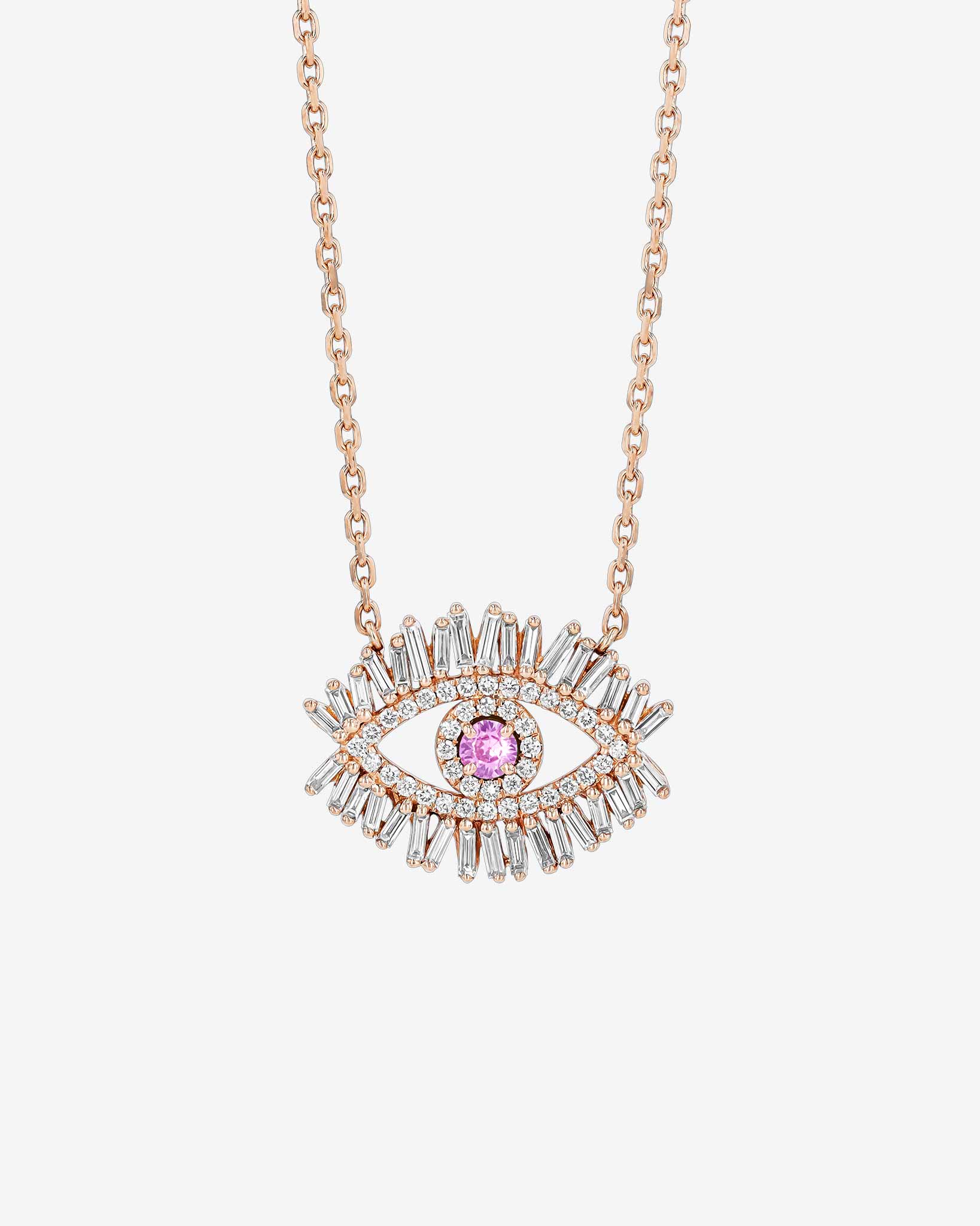 Suzanne Kalan Evil Eye Midi Pink Sapphire Half Pavé Pendant in 18k rose gold