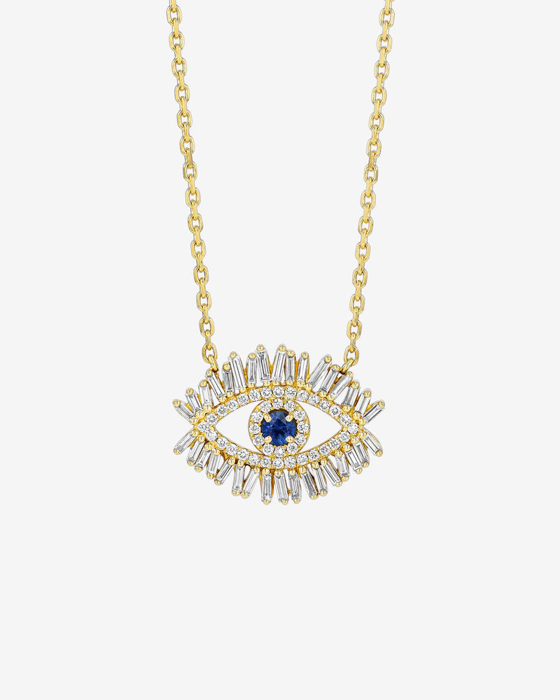 Suzanne Kalan Evil Eye Midi Dark Blue Sapphire Half Pavé Pendant in 18k yellow gold
