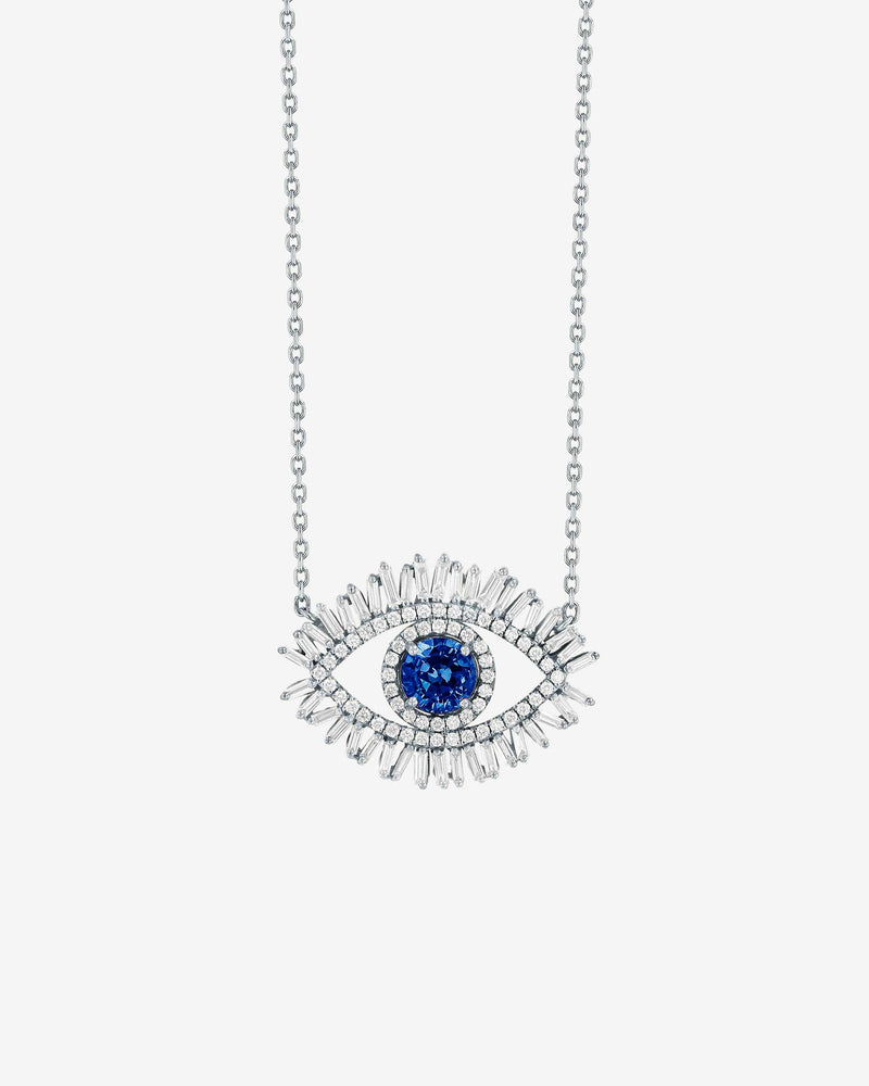 Suzanne Kalan Evil Eye Milli Dark Blue Sapphire Half Pavé Pendant in 18k white gold