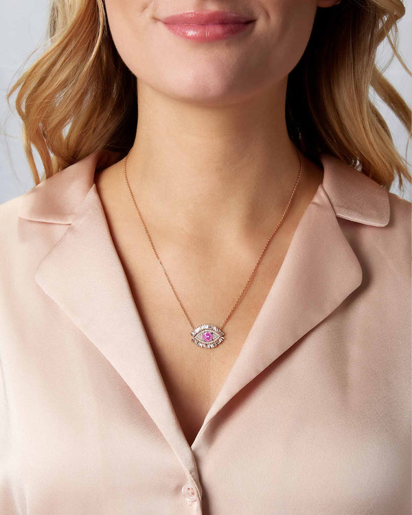 Suzanne Kalan Evil Eye Milli Pink Sapphire Full Pavé Pendant in 18k rose gold