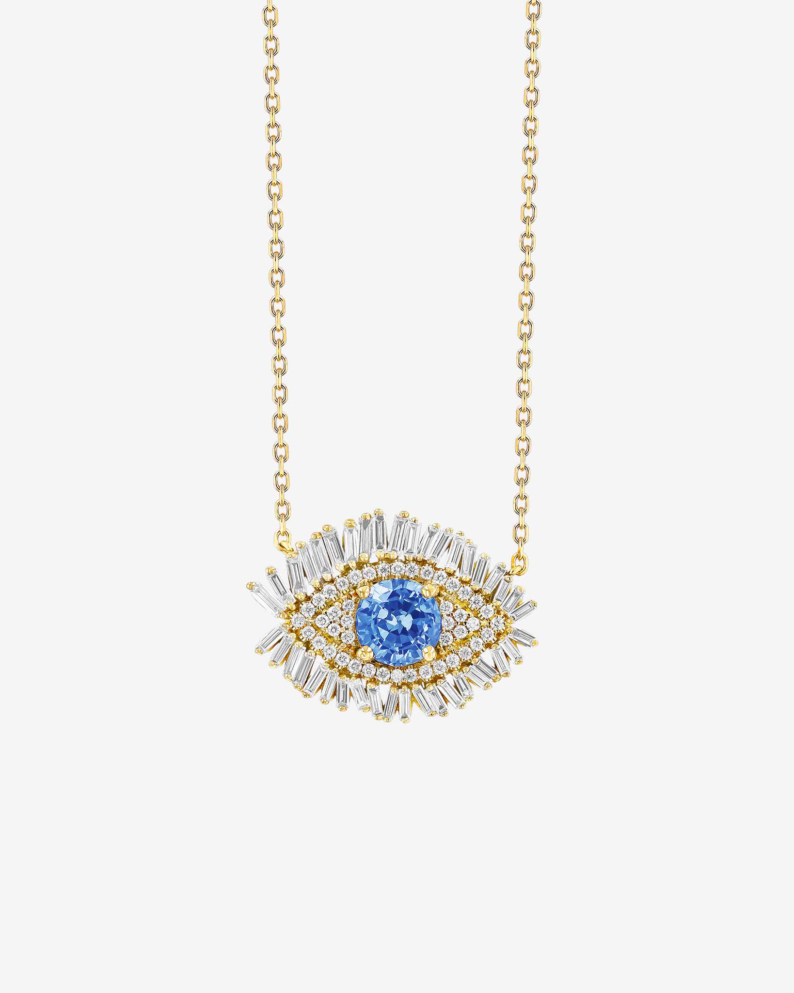 Suzanne Kalan Evil Eye Milli Light Blue Sapphire Full Pavé Pendant in 18k yellow gold