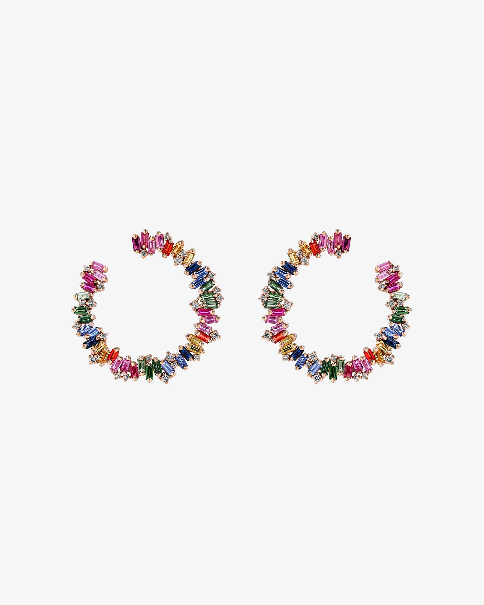 Suzanne Kalan Bold Rainbow Sapphire Sideways Hoops in 18k rose gold