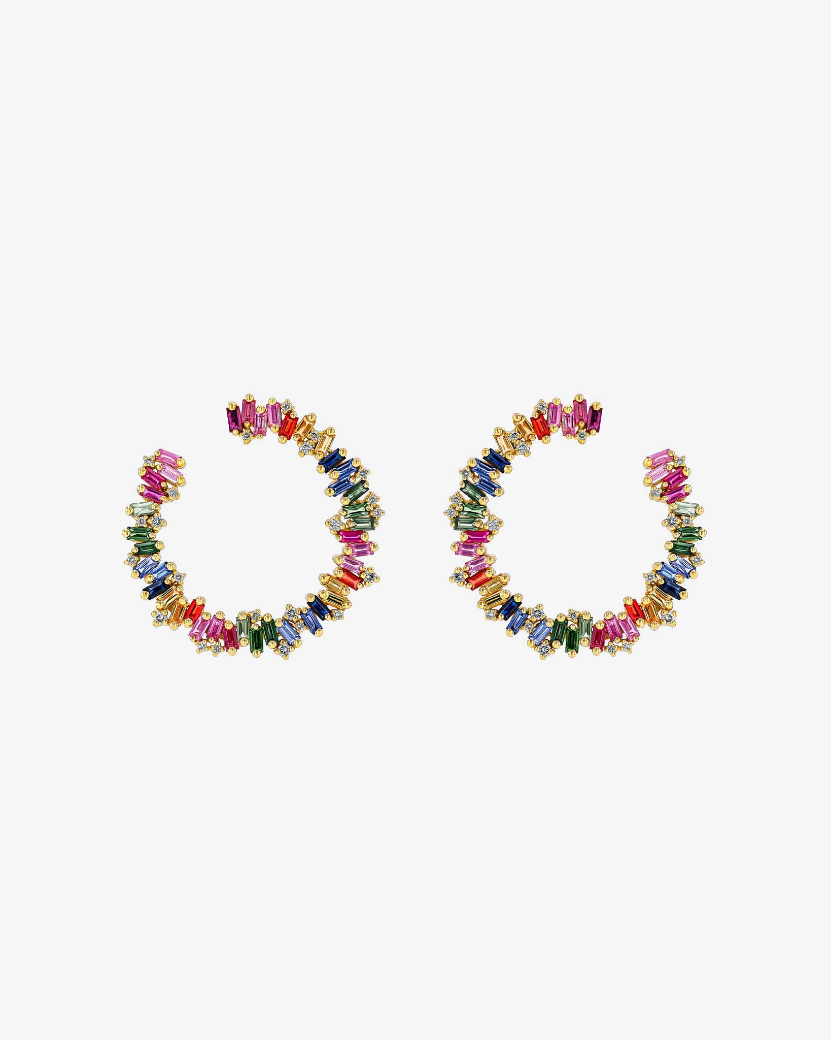 Suzanne Kalan Bold Rainbow Sapphire Sideways Hoops in 18k yellow gold