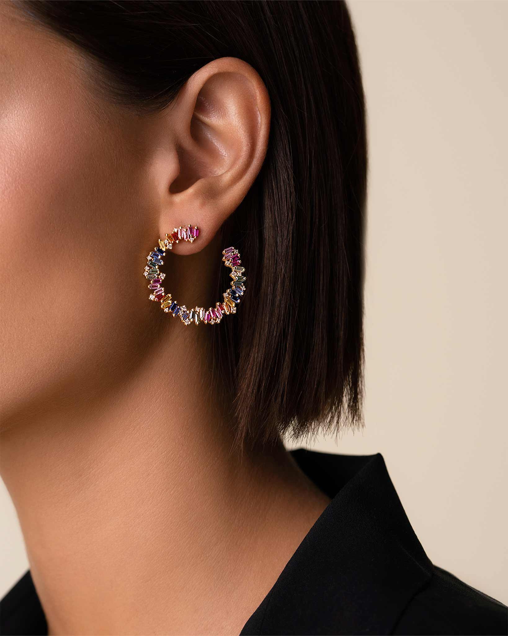 Suzanne Kalan Bold Rainbow Sapphire Sideways Hoops in 18k yellow gold