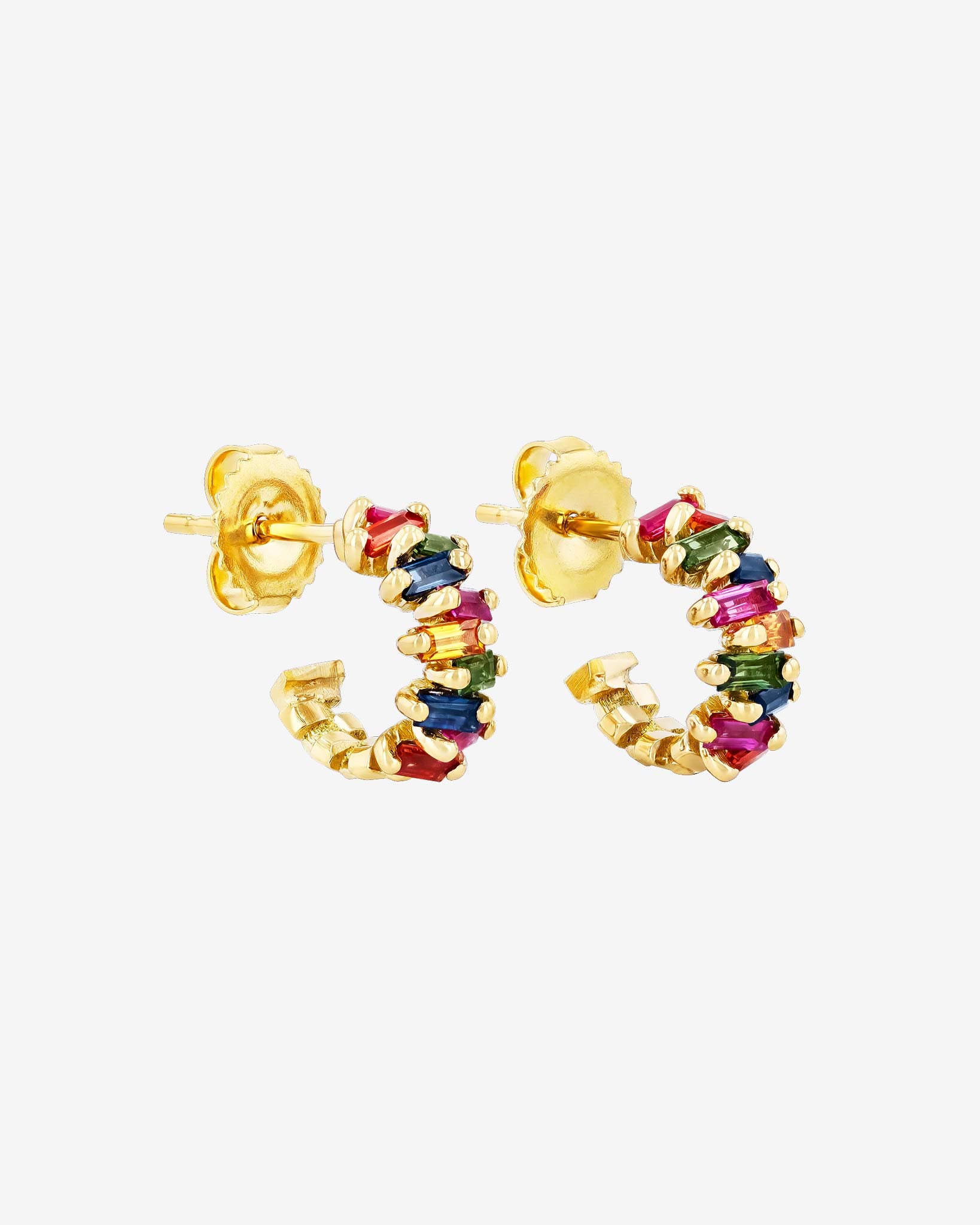 Suzanne Kalan Bold ZigZag Rainbow Sapphire Mini Hoops in 18k yellow gold