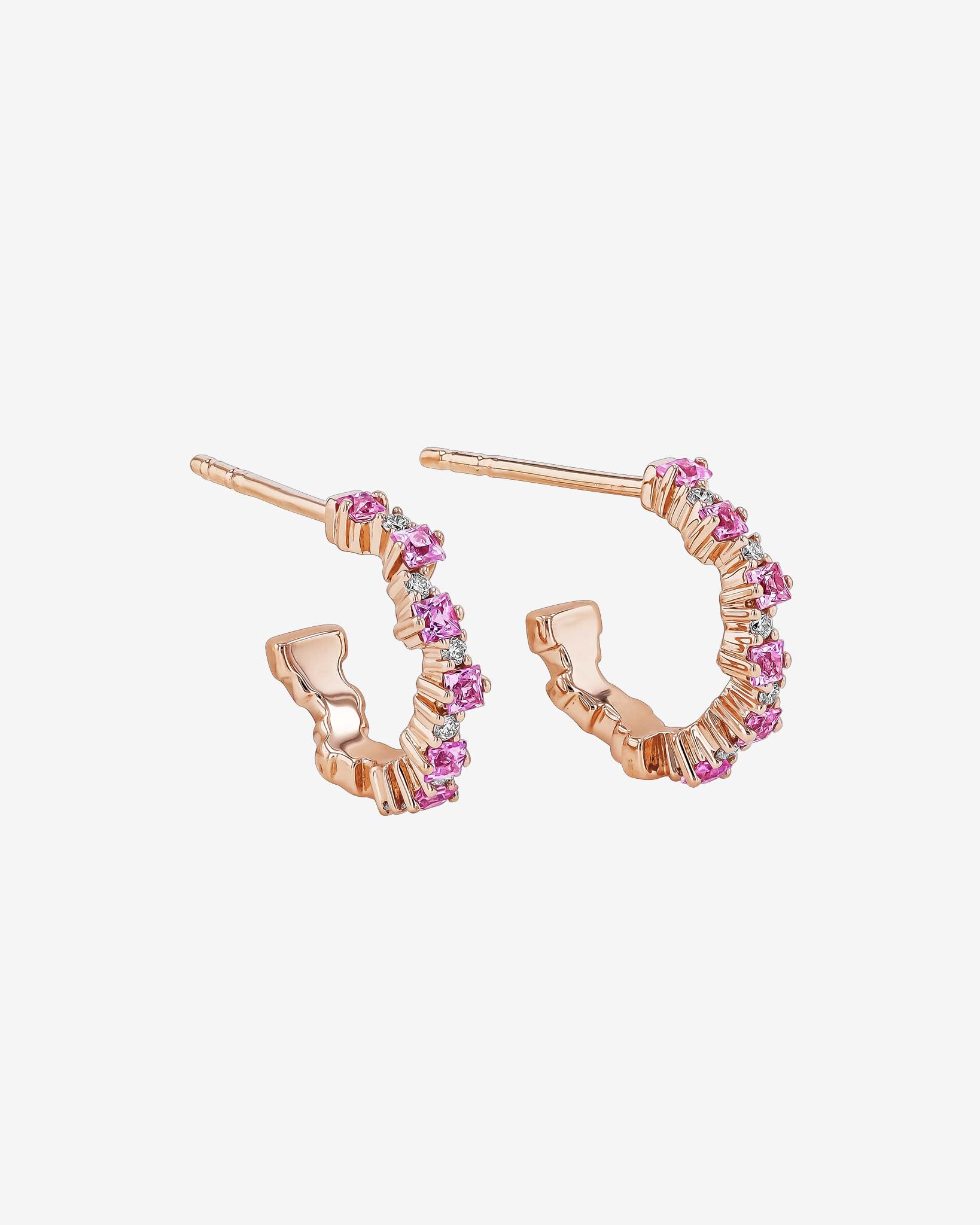 Suzanne Kalan Princess Staggered Pink Sapphire Mini Hoops in 18k rose gold