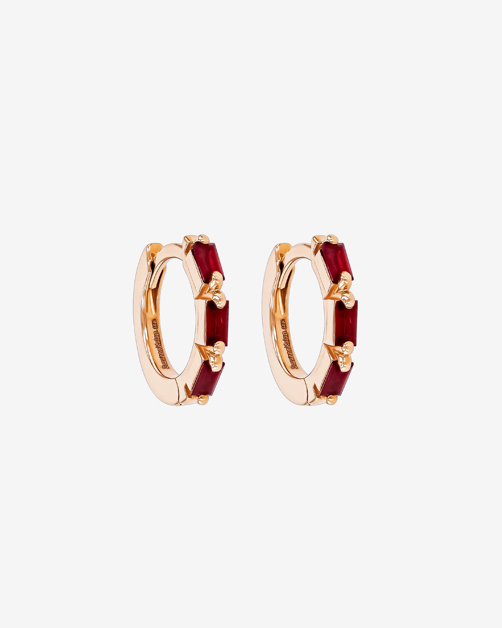 Suzanne Kalan Bold Triple Ruby Huggies in 18K rose gold