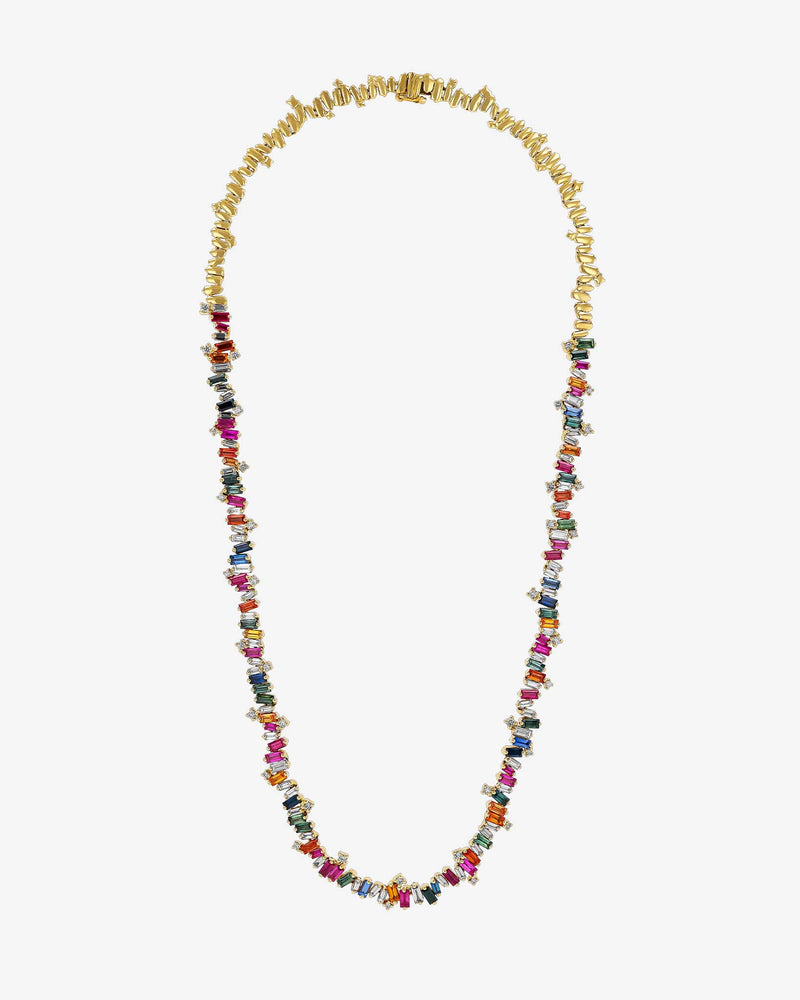 Suzanne Kalan Bold Burst Rainbow Sapphire Tennis Necklace in 18k yellow gold