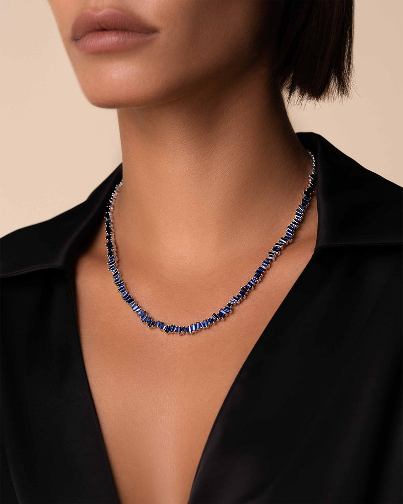 Suzanne Kalan Bold Dark Blue Sapphire Tennis Necklace in 18k white gold