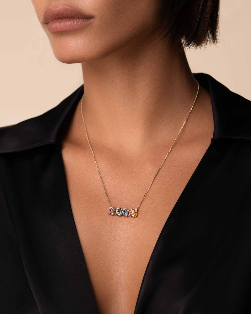 Suzanne Kalan Shimmer Rainbow Sapphire Bar Pendant in 18k yellow gold