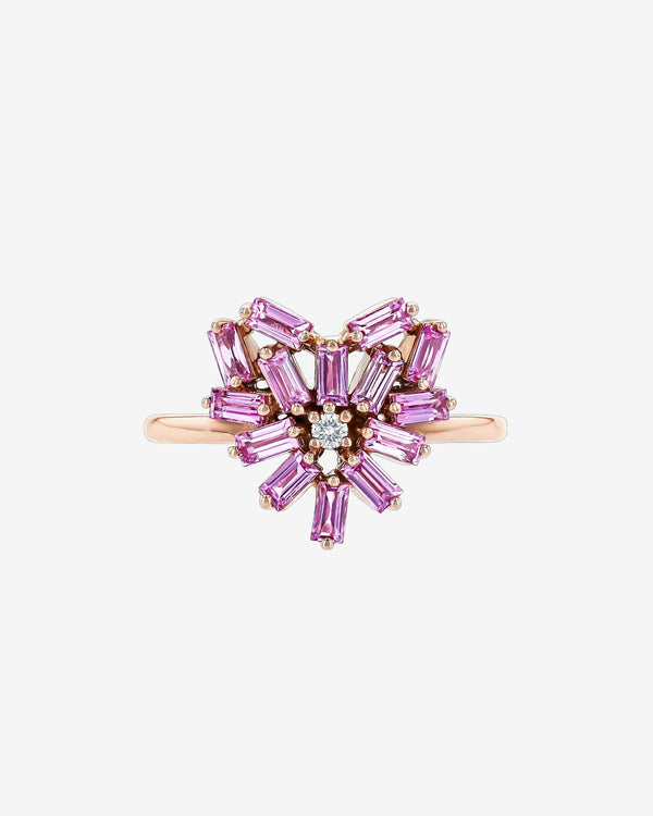 Suzanne Kalan Baguette Cut Pink Sapphire Small Curved Heart Ring in 18k rose gold